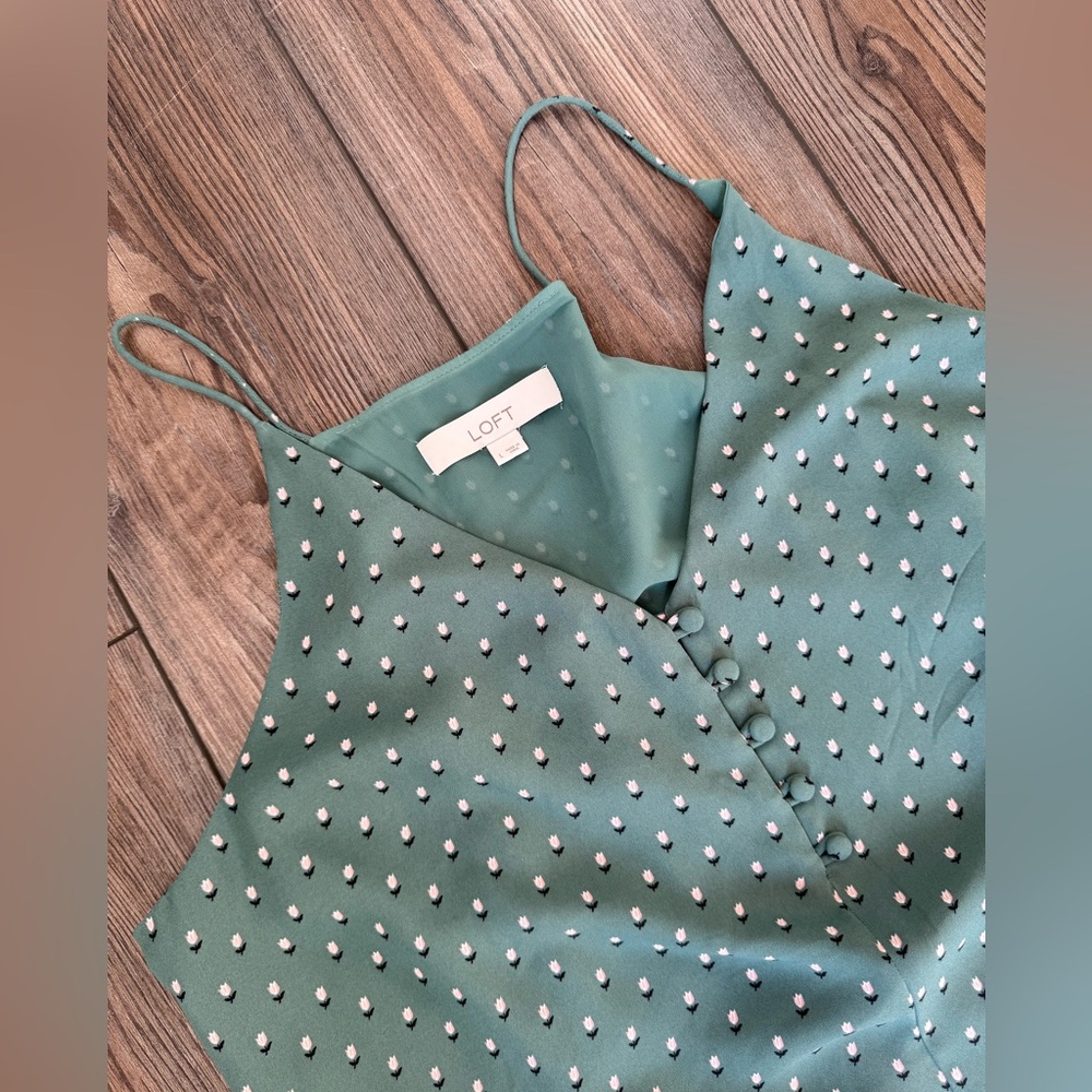 LOFT Green floral Sleeveless Blouse with White Dots
